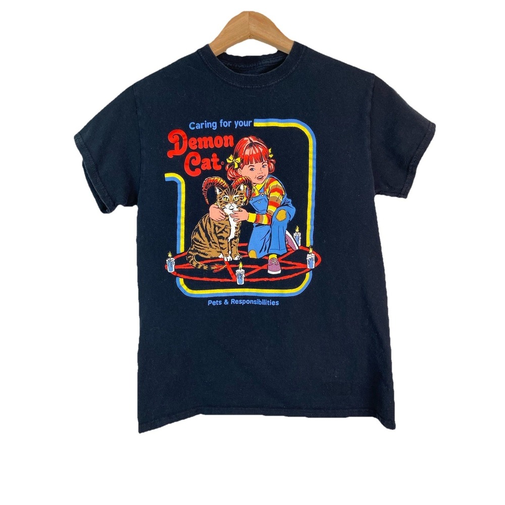 Steven Rhodes S Black Short Sleeve "Caring for your Demon Cat" T-Shirt